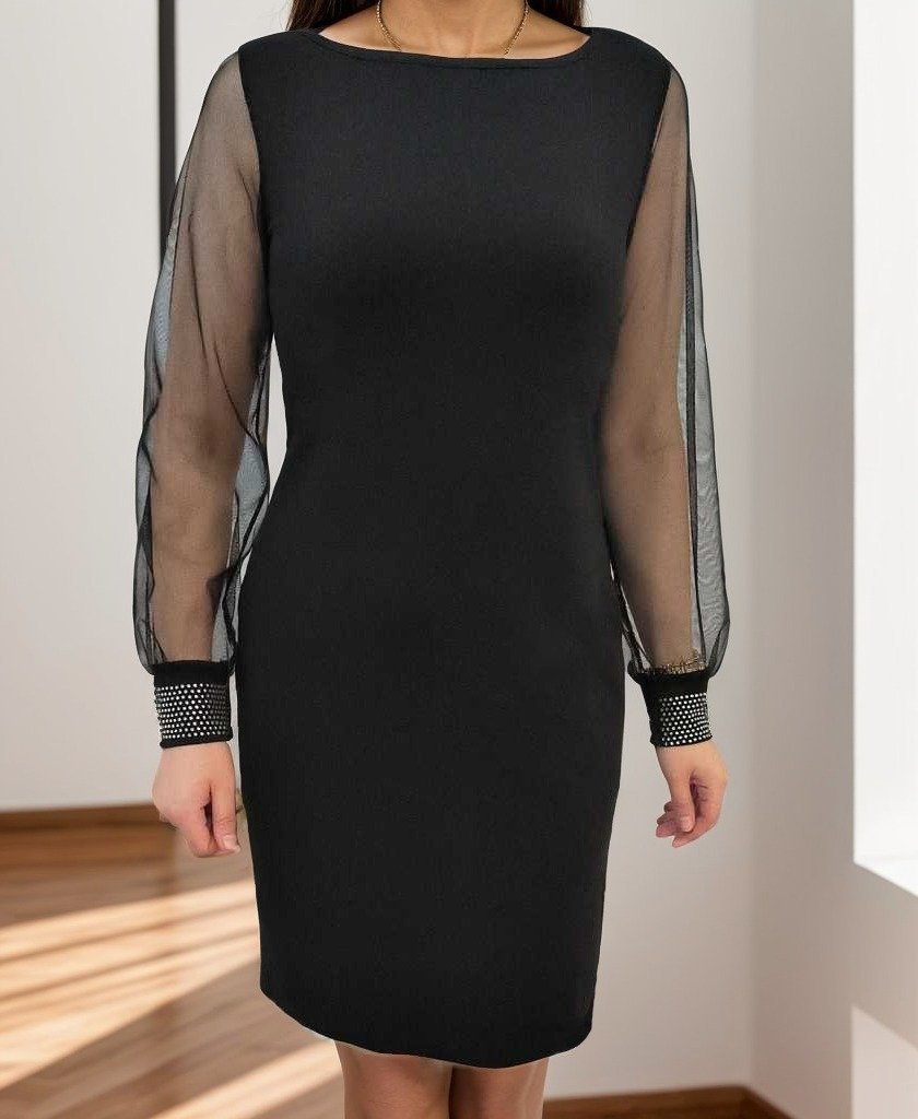 Kadın Uzun Kollu Bisiklet Yaka Kollar Tül Manşet Taş Işlemeli Krep Elbise