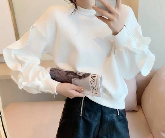 Kadın Bisiklet Yaka Kolları Volan Detay üç Iplik Kumaş Sweat