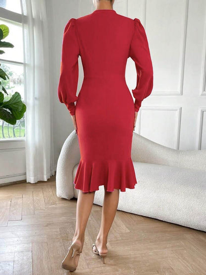 Kadın Uzun Kollu Yarı Balıkçı Yaka Etek Ucu Fırfır Detaylı Midi Ithal Krep Elbise