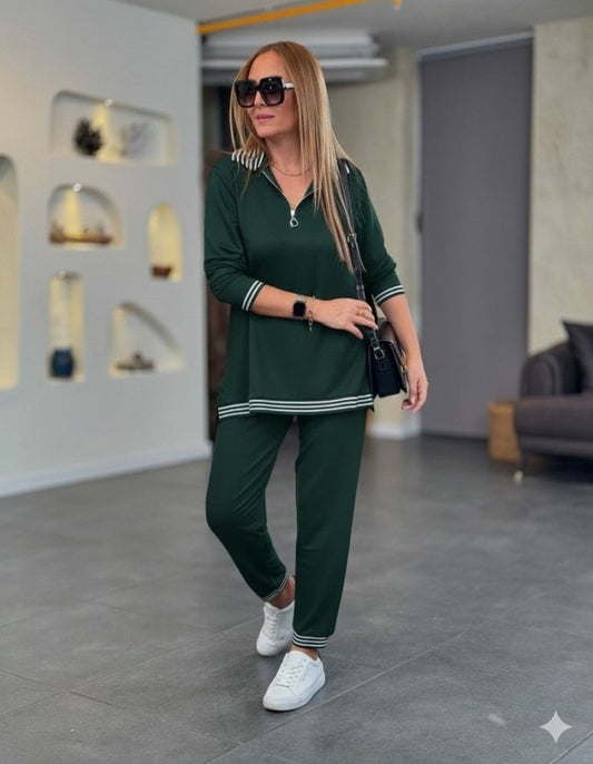 Kadın Uzun Kollu Fermuarlı şerit Detay Desenli Alt üst Ikili Viskon Iki Iplik Takım