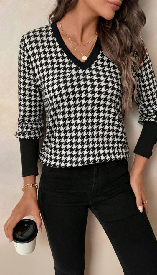 Kadın Uzun Kollu V Yakalı Desenli Süprem Bluz