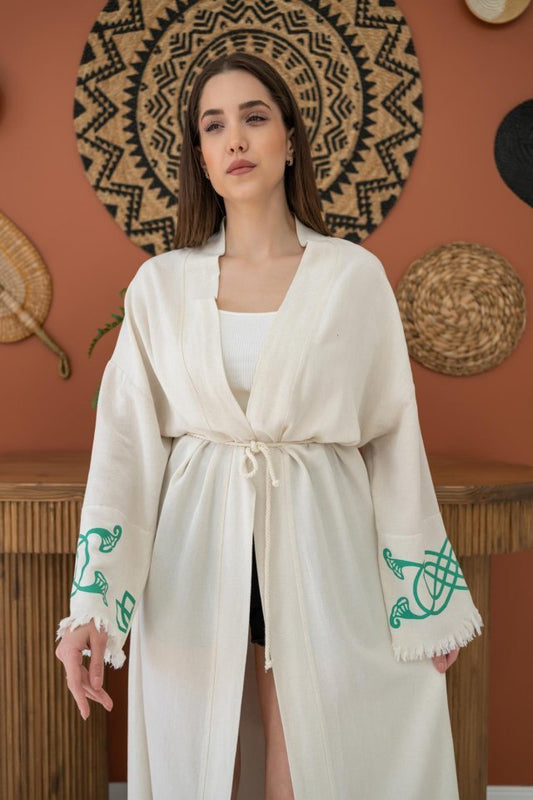 Kahverengi Baskı Detay Keten Sabahlık