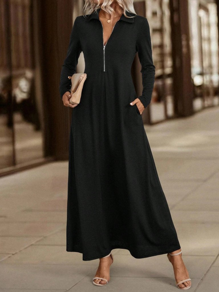 Kadın Uzun Kollu Yakalı önden Fermuarlı Uzun Viskon Iki Iplik Elbise