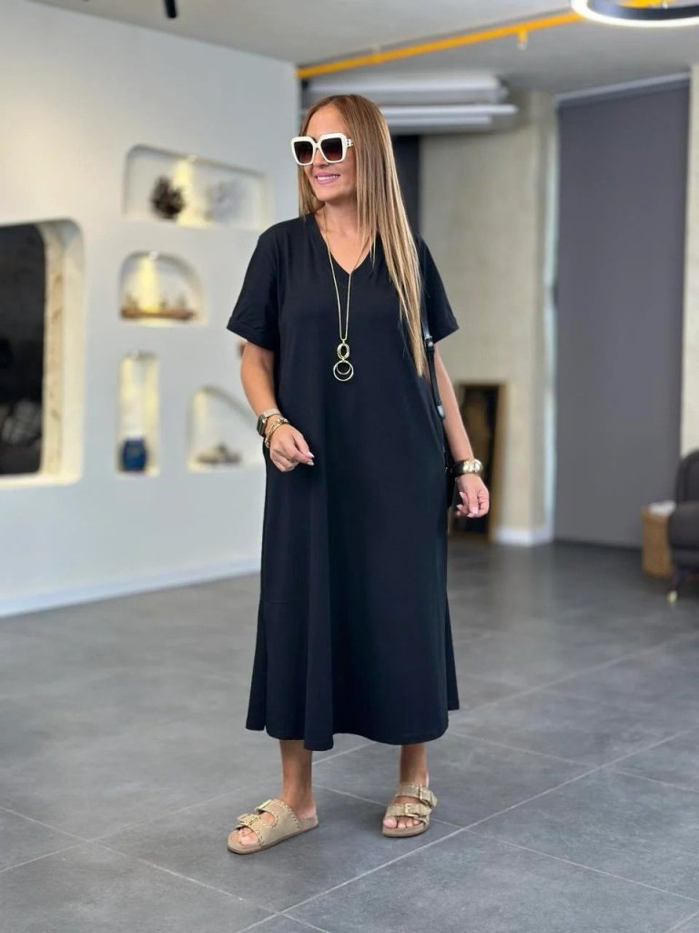 Kadın Kısa Kollu V Yakalı Cep Detaylı Uzun Viskon Iki Iplik Elbise