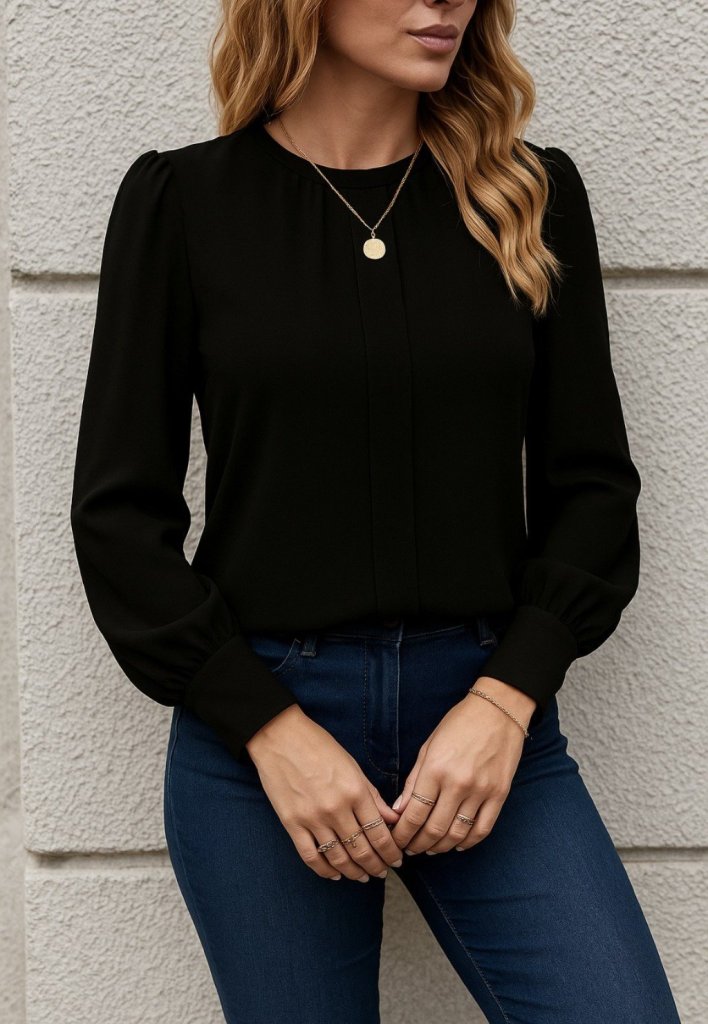 Kadın Uzun Kollu Bisiklet Yaka Pileli Ithal Krep Bluz