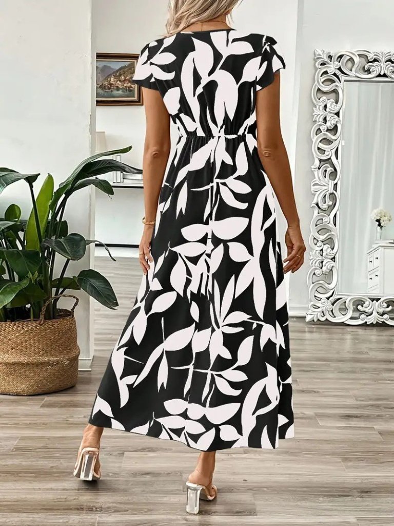 Kadın Kısa Kelebek Kollu Kruvaze Yaka Desenli Süprem Elbise