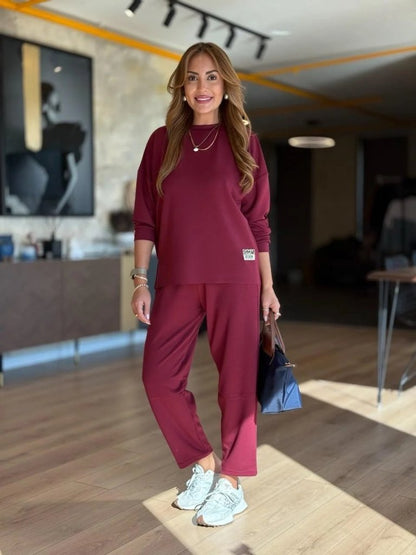 Kadın Uzun Kollu Bisiklet Yaka Viskon Iki Iplik Bluz Ve Pantolon Ikili Takım