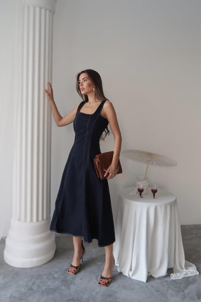 Lacivert Çift Dikişli Gabardin Elbise