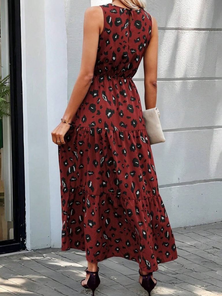 Kadın Kolsuz Bisiklet Yaka Beli Lastikli Desenli Süprem Elbise