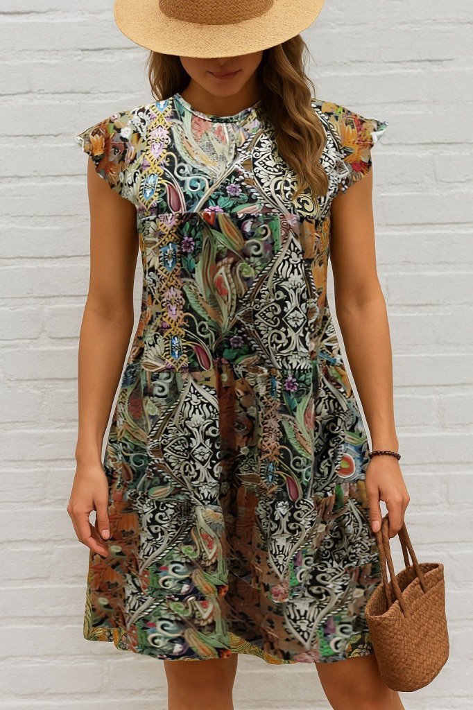 Kadın Kısa Kollu Kolları Fırfırlı Bisiklet Yakalı Kare Desenli Elbise