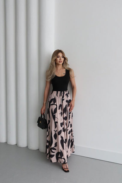 Kadın Askılı Yuvarlak Yaka üst Viskon Alt Desenli Uzun Süprem Elbise