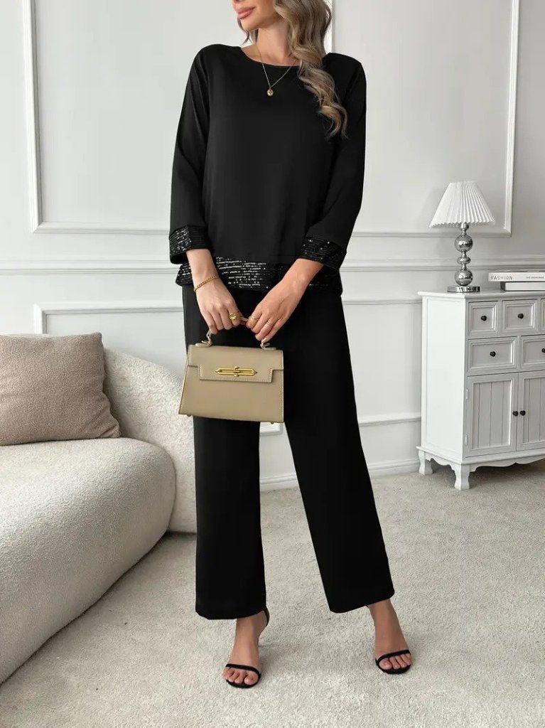 Kadın Uzun Kollu Bisiklet Yaka Pulpayetli Viskon Iki Iplik Bluz Ve Pantolon Ikili Takım