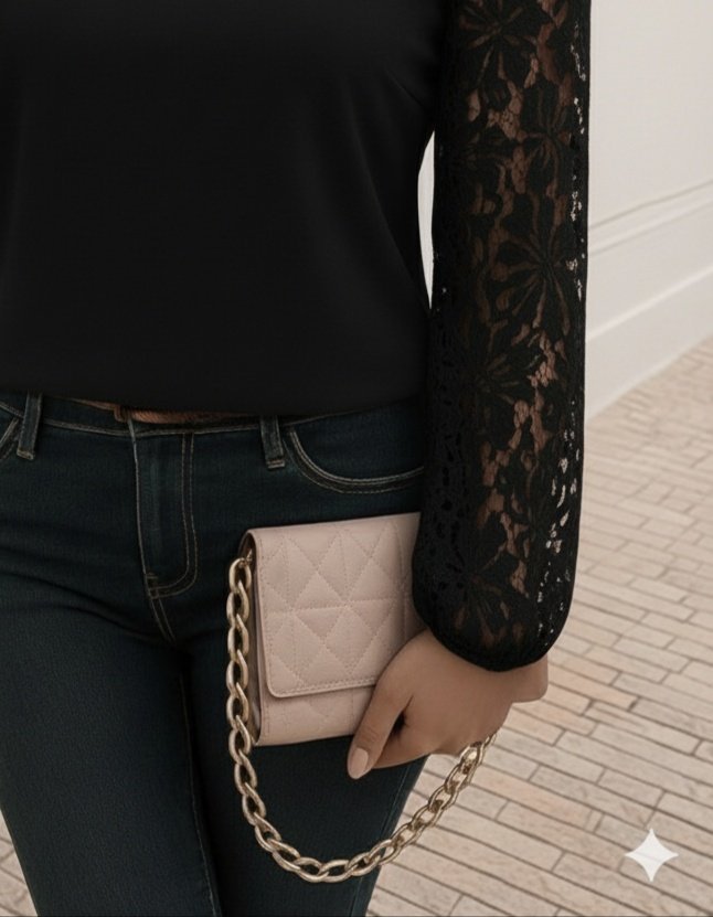 Kadın Uzun Kollu Asimetrik Yakalı Dantelli Ithal Krep Bluz