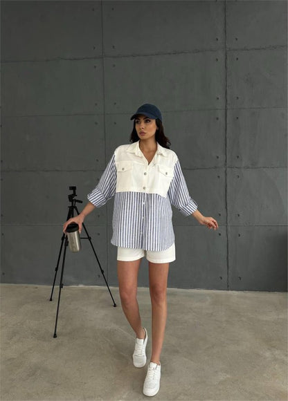 GABARDİN ŞORT - GABARDİN - ÇİZGİLİ KETEN GARNİLİ CEKET TAKIM - Lacivert