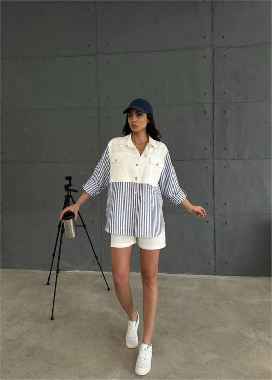 GABARDİN ŞORT - GABARDİN - ÇİZGİLİ KETEN GARNİLİ CEKET TAKIM - Lacivert