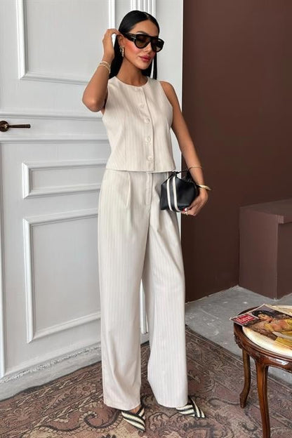 Yelek Plazzo Pantolon Çizgili Flamlı Poliviscon Takım 10178