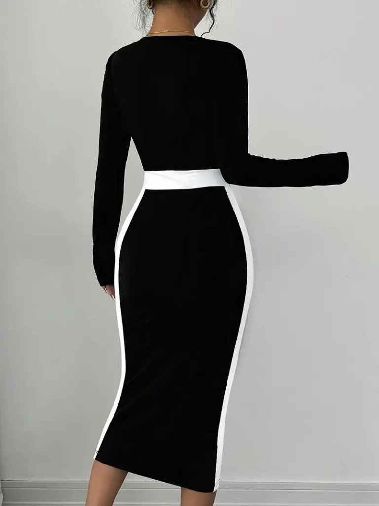 Kadın Uzun Kollu Geometrik Yaka Midi Ithal Krep Elbise