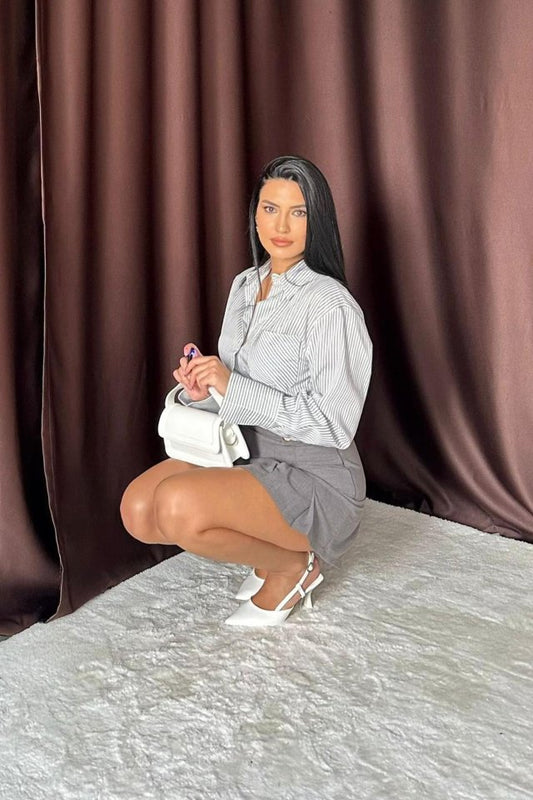 Füme Düğme Detaylı Pileli Etek