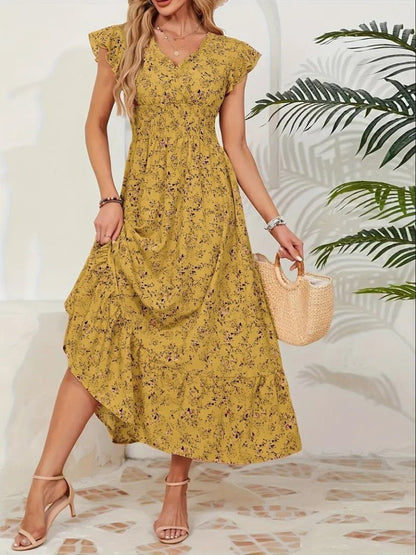 Kadın Kısa Kollu Kruvaze Yaka Beli Lastikli çiçek Desenli Elbise