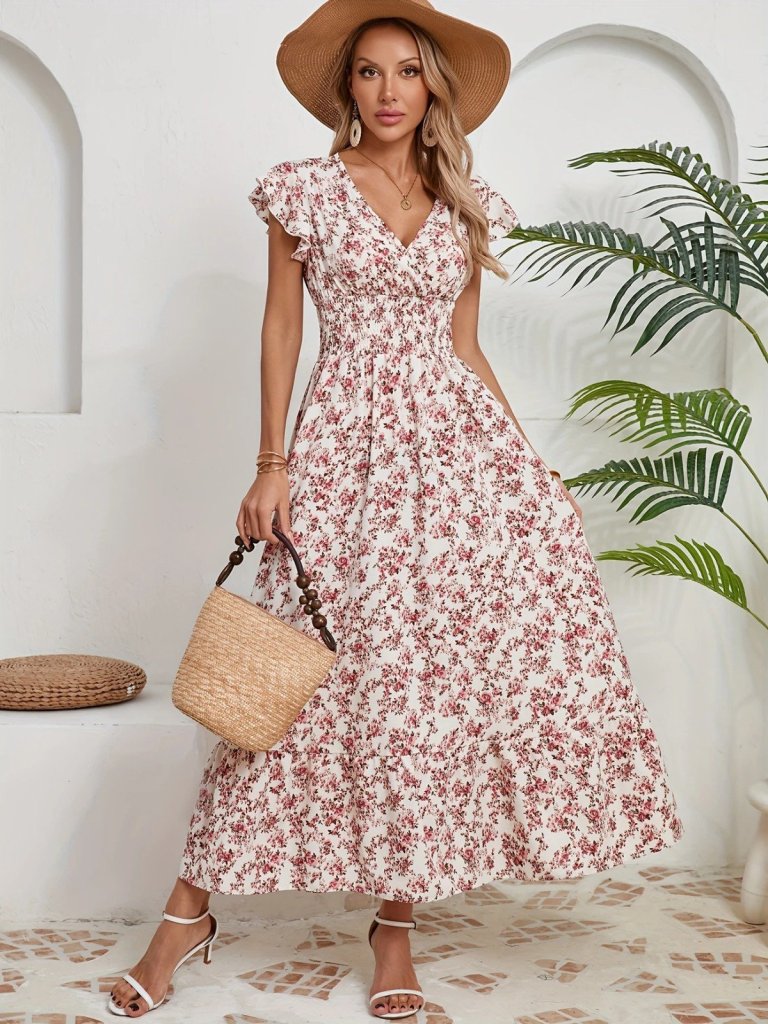 Kadın Kısa Kollu Kruvaze Yaka Beli Lastikli çiçek Desenli Elbise