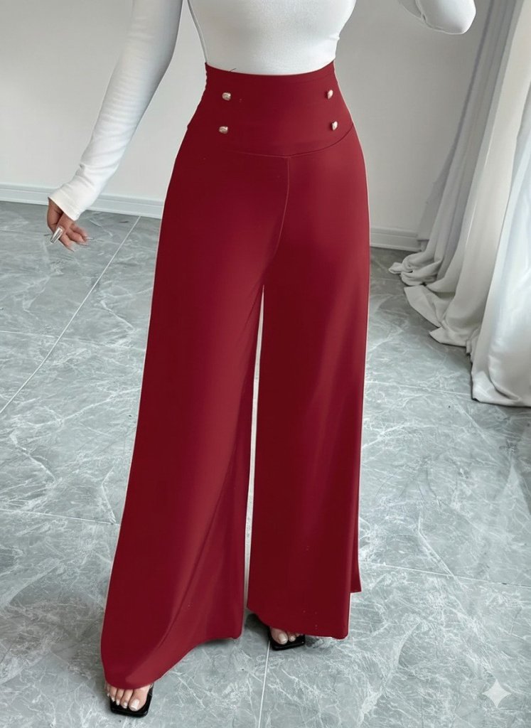 Kadın Yüksek Bel Düğmeli Geniş Paçalı Ithal Krep Pantolon