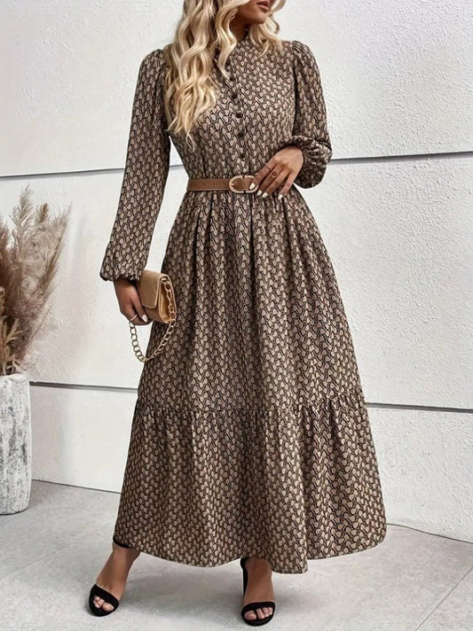 Kadın Uzun Kollu Hakim Yakalı Düğmeli Kemersiz Desenli Maxi Süprem Elbise