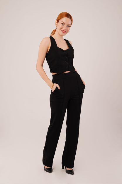 Kalın Askılı Düğmeli Yelek Ve Pantolon Siyah Takım