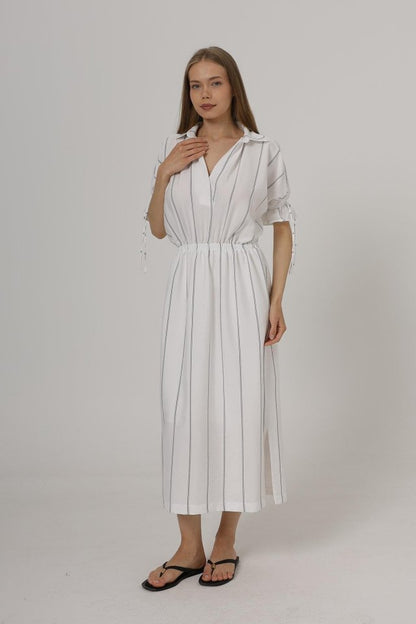 Beli Lastikli Elbise - Beyaz