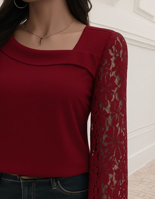 Kadın Uzun Kollu Asimetrik Yakalı Dantelli Ithal Krep Bluz