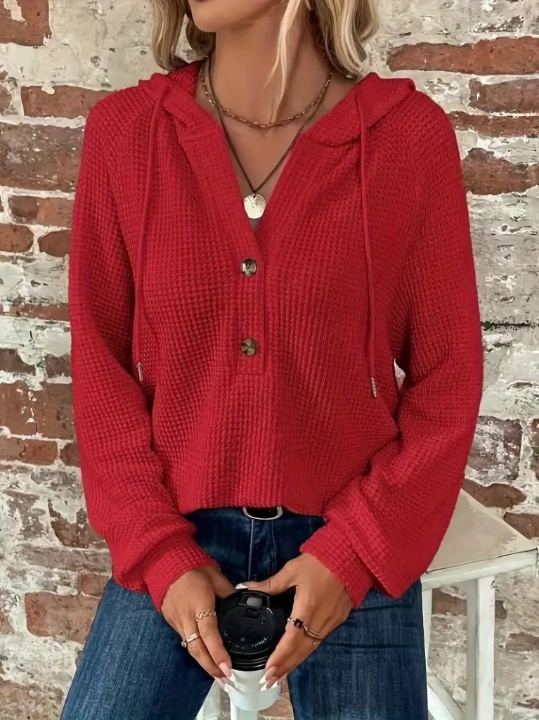 Kadın Uzun Kollu Kapşonlu önü Düğmeli Ve Bağcıklı Waffle Bluz