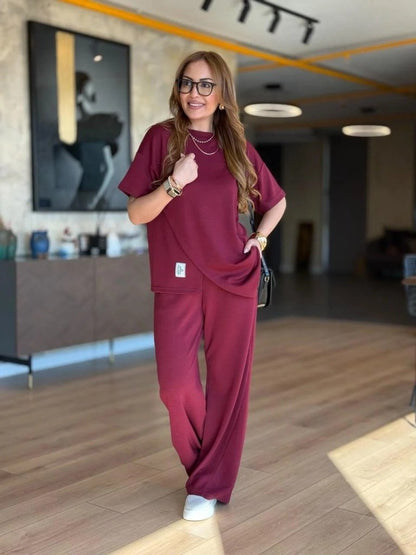 Kadın Kısa Kollu Bisiklet Yaka Asimetrik Viskon Iki Iplik Bluz Ve Pantolon Ikili Takım