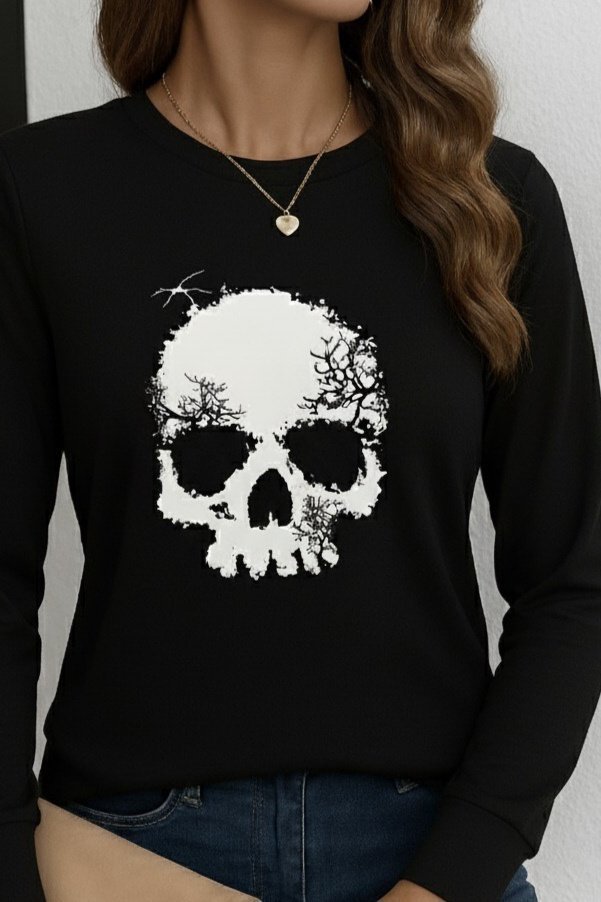 Kadın Uzun Kollu Bisiklet Yaka Kurukafa Desenli Viskon Bluz