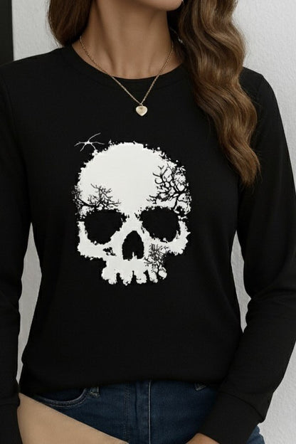 Kadın Uzun Kollu Bisiklet Yaka Kurukafa Desenli Viskon Bluz