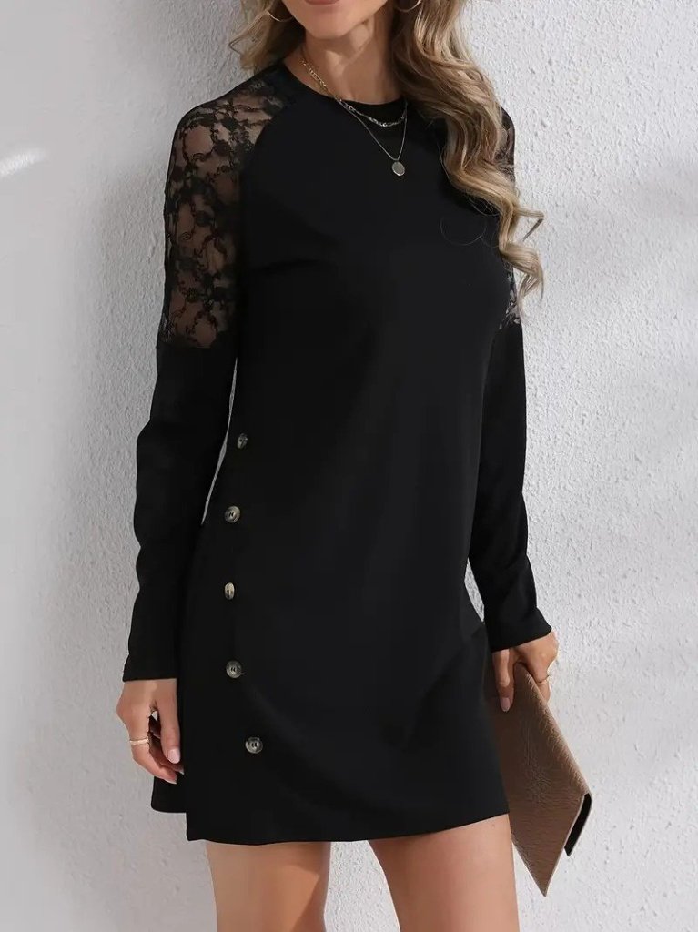 Kadın Uzun Kollu Bisiklet Yaka Dantel Detaylı Visk8n Iki Iplik Düğmeli Mini Elbise