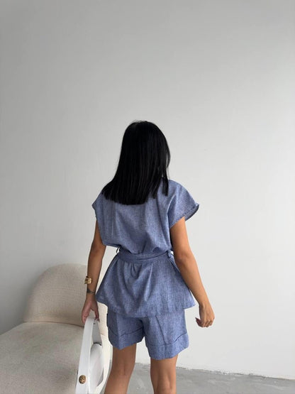 KETEN BAĞLAMALI KOLSUZ GÖMLEK - DUBLE PAÇA ŞORT TAKIM - Lacivert