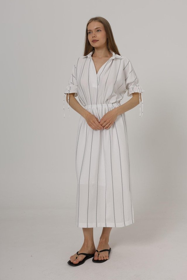 Beli Lastikli Elbise - Beyaz