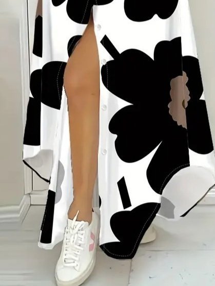 Kadın Yakalı önden Düğmeli çiçek Desenli Uzun Süprem Elbise