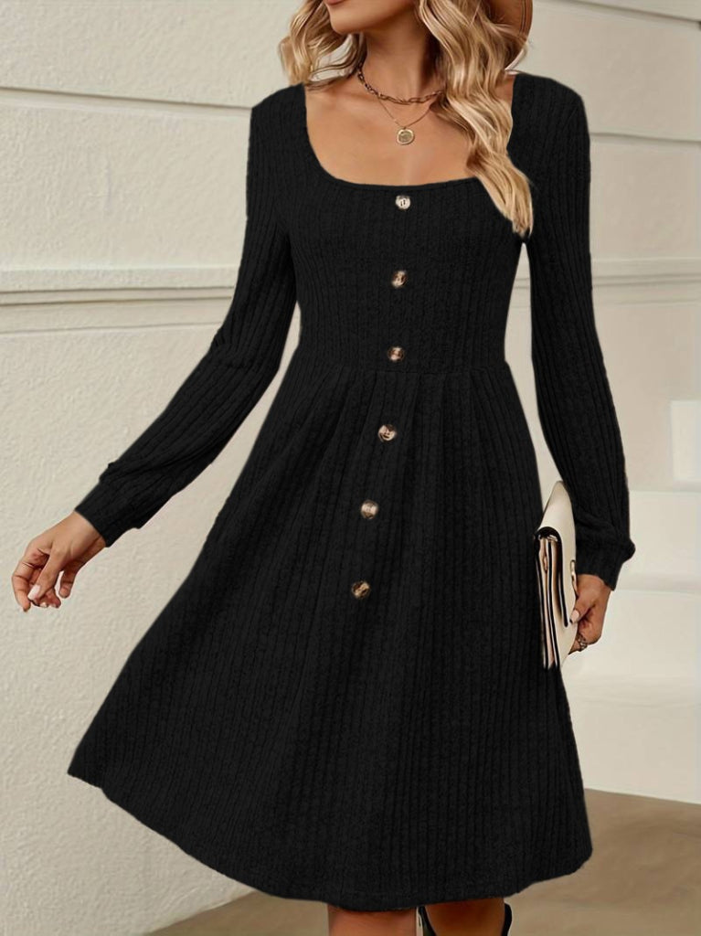 Kadın Uzun Kollu Kare Yaka Düğmeli Kısa şardonlu Iki Iplik Mini Elbise