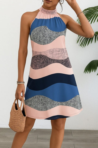 Kadın Kolsuz Boyundan Askılı Desenli Midi Süprem Elbise