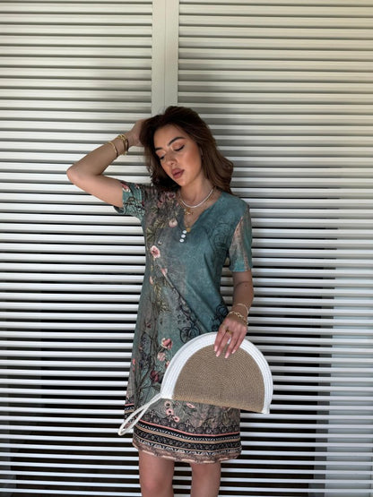 Kadın Kısa Kollu V Yakalı çiçek Baskılı Midi Süprem Elbise