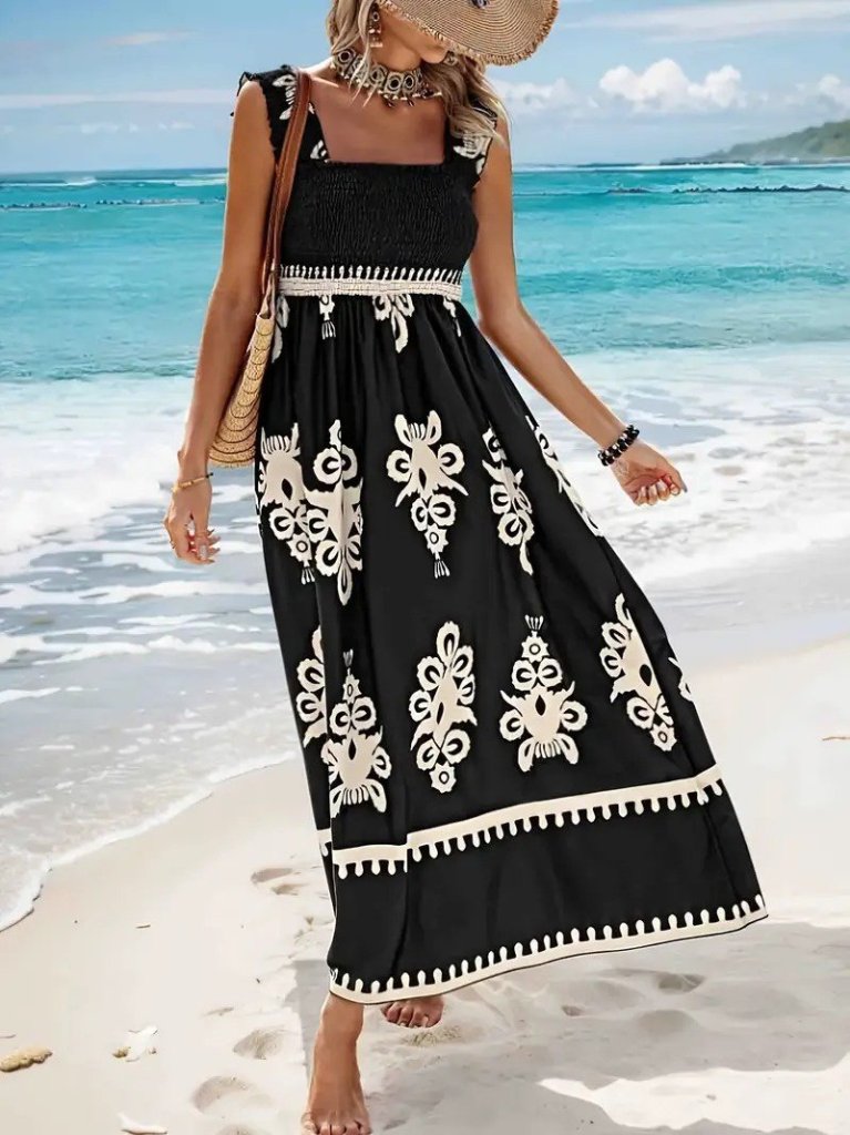 Kadın Askılı Kare Yaka Gipe Detaylı Desenli Suprem Elbise