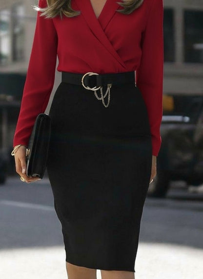 Kadın Uzun Kollu Kruvaze Yaka Janjan Krep Midi Elbise