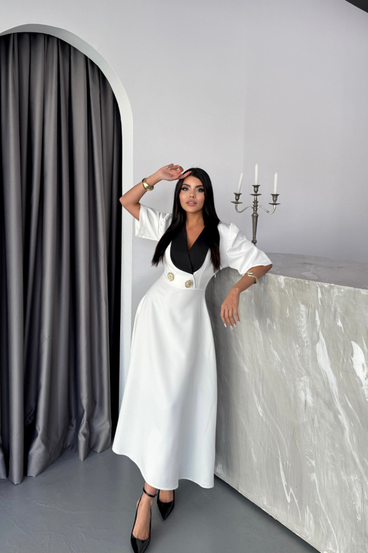 TASARIM ELBİSE CEKET YAKA GOLD DÜĞME DETAYLI KISA KOL - Beyaz