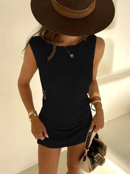 Kadın Sıfır Kol Yanlardan Halka Toka Detaylı Triko Plaj Elbisesi