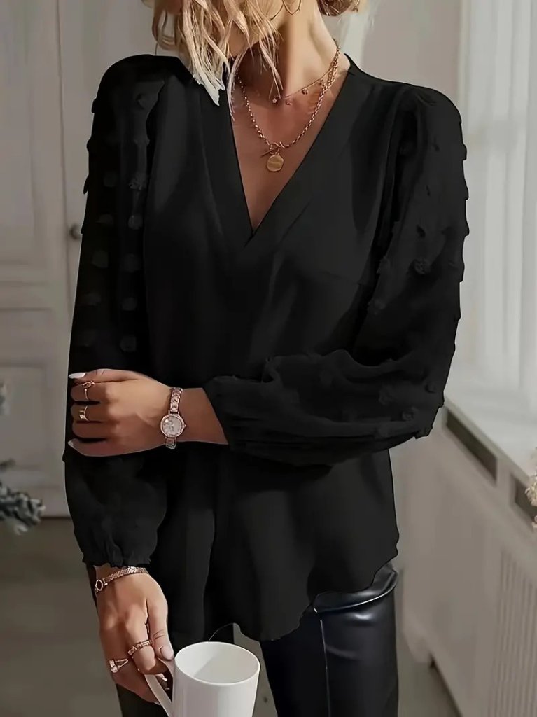 Kadın Uzun Kollu V Yakalı Kolları Popon Detaylı Sandy Bluz