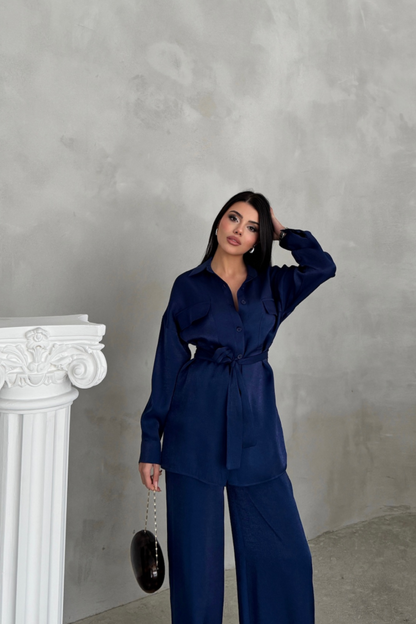 SİMLİ KUMAŞ SALAŞ PANTOLON - GÖMLEK TAKIM - Lacivert