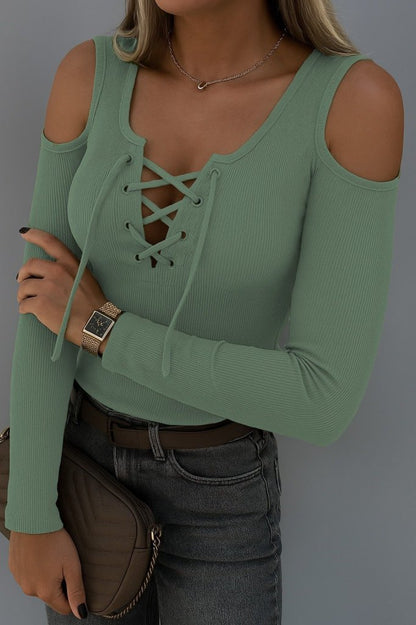 Kadın Omuzlardan Açık Uzun Kollu Bağcıklı Kaşkorse Bluz