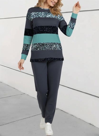 Kadın Uzun Kollu Bisiklet Yaka çizgili Desen Iki Iplik Bluz Ve Pantolon Ikili Takım