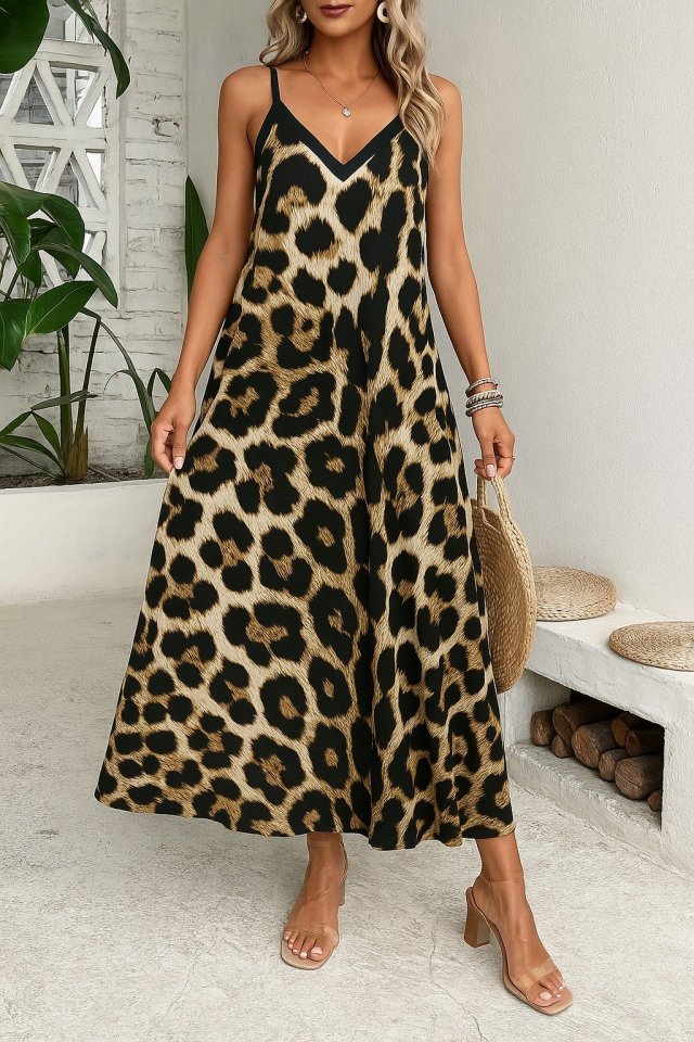 Kadın Ip Askılı Geniş V Yakalı Leopar Desenli Süprem Elbise