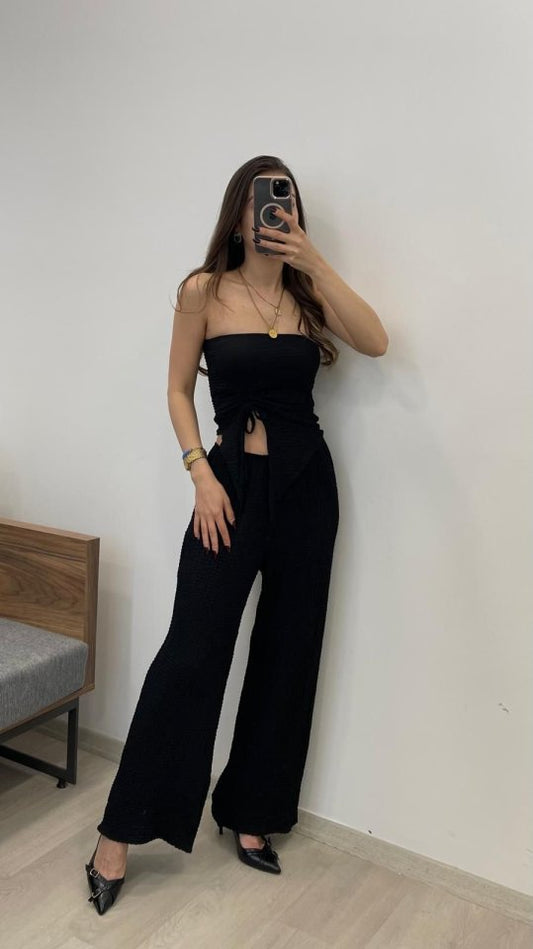 Kadın Sendy Kumaş Bağcık Detaylı Asimetrik Takım